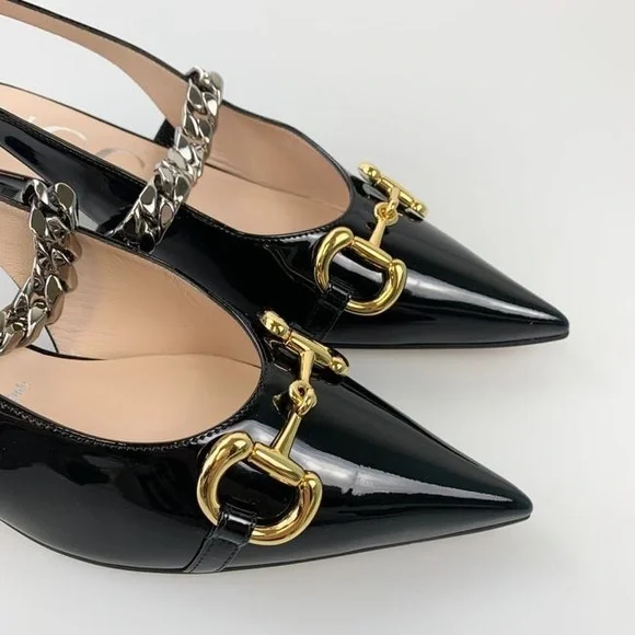 GUCCI Black Patent Leather Horsebit Chain Pumps Size 40 9.5 616596 Runway Shoe - Picture 4 of 16